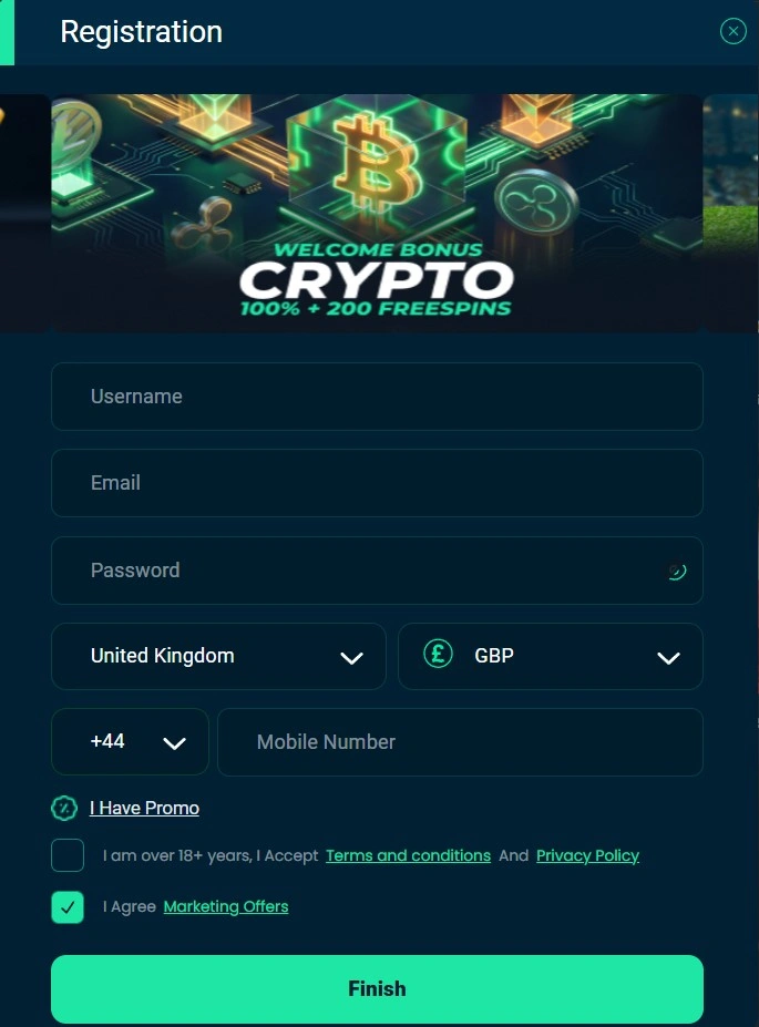 Rolletto Casino registration form crypto bonus